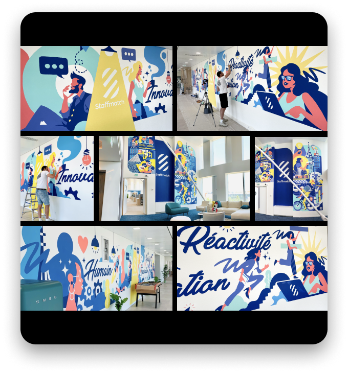 Fresque murale participative peinte dans des bureaux
